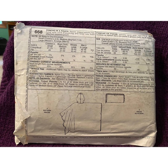 McCalls Sewing pattern 668 poncho in a pouch - Picture 3 of 6